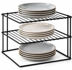 Etajera metalica de colt neagra cu 3 niveluri– organizator pentru condimente, dulap sau blat de bucatarie, 25 x 24.5 x 19 cm