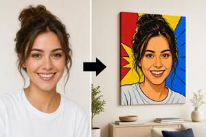 Portret pop-art benzi desenate din poză – cadou pe pânză cu bulă personalizată - 40 × 40 cm