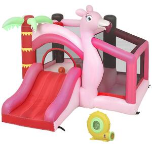 AIYAPLAY Castel Gonflabil pentru Copii 4 în 1, Tobogan, Trambulină, Piscină cu Bile, Coș de Baschet, Mingi de Baschet, Tematică Flamingo, Ventilator, Geantă de Transport, Interior Exterior, 255x230x196cm, Roz | Aosom Romania