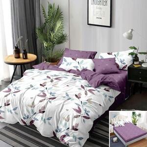Lenjerie de pat, 2 persoane, finet, 6 piese, cu elastic, alb si violet, cu frunze, LEL227