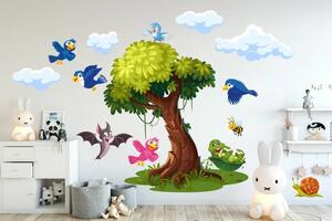 Autocolant de perete pentru copac copii și păsări fericite 80 x 160 cm