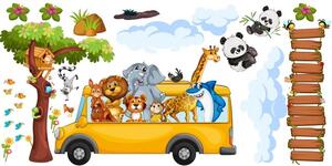 Autocolant pentru copii animale safari vesele într-un autobuz 50 x 100 cm