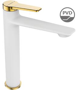 Kuchinox Alanis, baterie înaltă pentru chiuvetă cu dop de scurgere ClickClack h-268, alb-auriu lucios, LAV-BQI_62NG