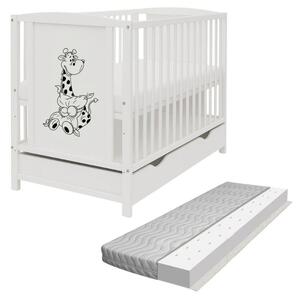 Patut din lemn masiv 120x60 cm Bria alb cu sertar si saltea antialergica cu ventilatie Air 120x60x10 cm, reglabil pe 3 nivele, certificat EN71