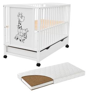 Patut din lemn masiv 120x60 cm Bria alb cu sertar, roti si saltea cocos LUX 120x60x12 cm, reglabil pe 3 nivele, certificat EN71