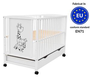 Patut din lemn masiv 120x60 cm Bria alb cu sertar si roti, reglabil pe 3 nivele, certificat EN71