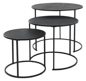 Set 3 măsuțe de cafea,rotunde, negre, 55/45/35 cm, design modern industrial, blat MDF și structură metalică