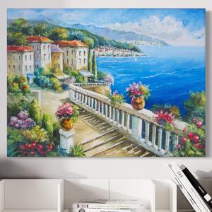 Tablou Canvas Premium LuxCanva® A1058, Case Pe Malul Marii , Peisaj, Flori, Cer Albastru, Munte, Culori Vibrante