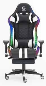 Scaun gaming cu sistem iluminare bandă LED RGB, masaj în perna lombară, suport picioare, funcție șezlong, 90-180 grade, piele ecologica, Negru/Alb