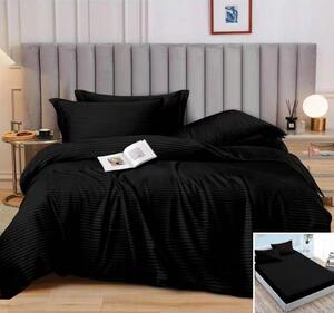 Lenjerie de pat, 2 persoane, damasc, 6 piese, cu elastic, negru , LDA360