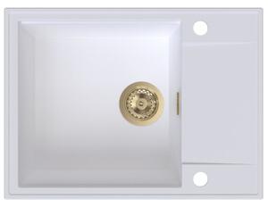 Chiuvetă de bucătărie din granit Sink Quality Sink55, 620x460x215 mm + sifon auriu, alb, SKQ-SINK.W.1KKO.XG