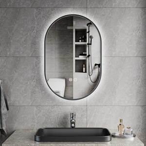 Erga Freya, oglindă ovală LED 40x60cm cu ramă metalică neagră, 3 culori de lumină, iluminare din spate, pernă încălzitoare anti-aburire, ERG-V01-FREY…