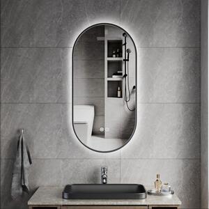 Erga Freya, oglindă ovală LED 40x80cm cu ramă metalică neagră, 3 culori de lumină, iluminare din spate, pernă încălzitoare anti-aburire, ERG-V01-FREY…