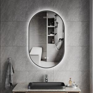 Erga Freya, oglindă ovală LED 50x80cm cu ramă metalică neagră, 3 culori de lumină, iluminare din spate, pernă încălzitoare anti-aburire, ERG-V01-FREY…