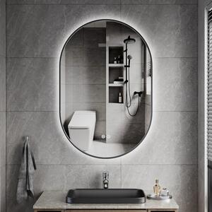 Erga Freya, oglindă ovală LED 60x90cm cu ramă metalică neagră, 3 culori de lumină, iluminare din spate, pernă încălzitoare anti-aburire, ERG-V01-FREY…