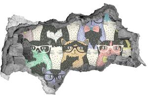 Fototapet 3D gaură în perete pisici ochelari