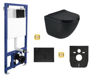 Erga Erga, set suspendat încastrat Laveo Akan + vas WC suspendat Lily+ cu capac WC duroplast + buton de spălare, negru mat, ERG-SETLAVLILYWHBK