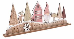 Calendar de advent din lemn cu elf roz , 45 x 17 x4 cm