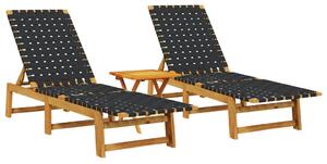 Șezlonguri de plajă cu masă, 2 buc, negru, lemn masiv de acacia