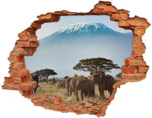 Fototapet un zid spart cu priveliște elefanți Kilimanjaro