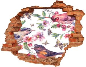 Autocolant un zid spart cu priveliște Păsări fluturi cireșe