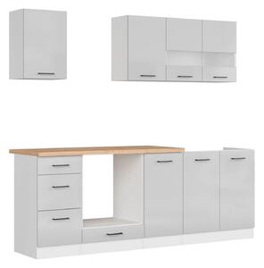 Set bucatarie JUNONA LINE, gri deschis/alb, PAL, 220 cm, cu blat stejar artisan
