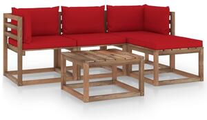 Set mobilier de grădină cu perne roșii, 5 piese