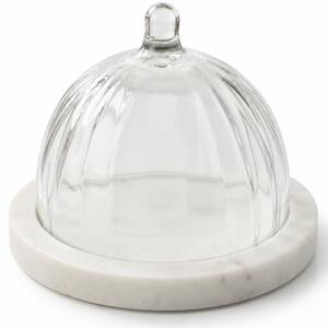 Platou elegant cu capac din sticla si marmura pentru prajituri, macarons, fursecuri si dulciuri, clopot decorativ cu maner, Ø 13,5 x 10 cm, alb