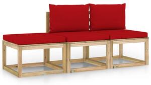 Set mobilier de grădină cu perne roșii, 3 piese