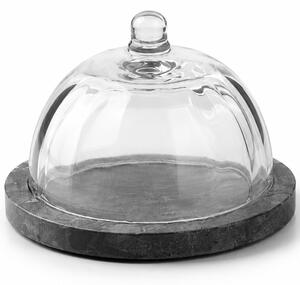 Platou elegant cu capac din sticla si marmura pentru prajituri, macarons, fursecuri si dulciuri, clopot decorativ cu maner, Ø 13,5 x 10 cm, gri