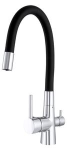 Gamma Flex, baterie chiuvetă cu trei căi cu braț flexibil și racord filtru apă, crom-negru mat, GMA-BFXF-CH
