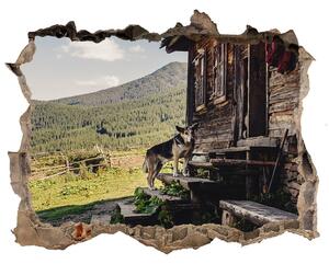 Fototapet un zid spart cu priveliște Casa de lemn de munte