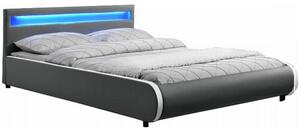 Pat dormitor DULCEA, piele ecologica, gri, 160x200 cm, cu iluminare LED RGB, somiera lamelara reglabila, fara saltea