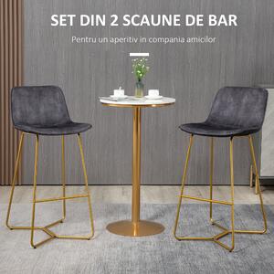 Set de 2 scaune de bar HOMCOM, spatar, din catifea, picioare aurii, 48x56,5x103cm, gri | Aosom RO