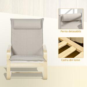 Fotoliu Relax cu suport pentru picioare, fotoliu din lemn si tesatura cu efect de in cu perna pentru tetiera, 67x69x100cm, gri HOMCOM | Aosom RO