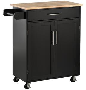HOMCOM Cărucior de Bucătărie cu Sertar și Dulap cu 2 Uși, Insulă de Bucătărie cu roți și bară laterală, 83x45x91.5 cm, Negru | Aosom Romania