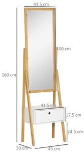 HOMCOM Oglindă de Podea Multifuncțională cu Sertar, Design Modern Dormitor și Coridor, MDF și Bambus, 45x30x160cm, Alb și Lemn | Aosom Romania