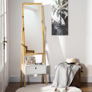 HOMCOM Oglinda de podea multifunctionala cu sertar pentru dormitor si coridor, din MDF si bambus, 45x30x160cm, culoare alb si lemn