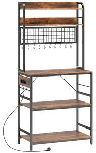 HOMCOM Raft de Bucătărie cu Prize și Rafturi Reglabile, Raft pentru Cuptor cu Microunde cu 5 Niveluri, Panou cu Grilaj și 10 Cârlige, Mobilier Vintage Structură din Oțel, 80x40x170 cm, Maro Rustic | Aosom Romania
