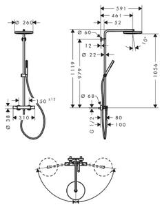 Coloana dus cu baterie termostatata Hansgrohe, PULSIFY S PURO, SHOWERPIPE 260, bronz periat