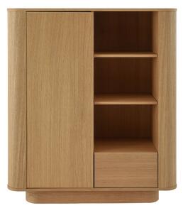 Bibliotecă joasă cu ușă, sertar și rafturi deschise Navan, stejar natural (160 cm)