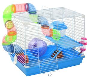 PawHut Cusca pentru hamster cu 2 niveluri cu rezervor de apa, tava detasabila, tunel si roata pentru hamster, 46x30x37cm, albastru si alb