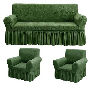 Set huse elastice pentru canapea 3 Locuri si 2 fotolii, cu volanas, model Jacquard Verde in dungi