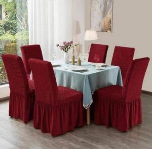 Set 6 huse scaune creponate si elastice, cu volanas, Bordo