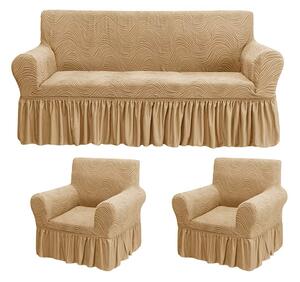 Set huse elastice pentru canapea 3 Locuri si 2 fotolii, cu volanas, model Jacquard Bej in dungi