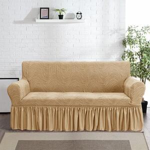 Husa elastica pentru canapea 3 locuri, cu volanas, model Jacquard, Bej in dungi
