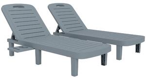 Outsunny Set de 2 șezlonguri, scaun lung cu tăvi retractabile, înclinabil, suprafață cu efect de lemn 62 x 158 x 88 cm, gri | Aosom Romania