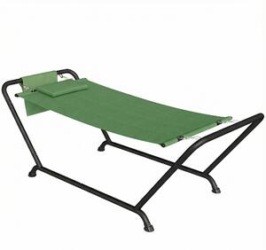 Outsunny Hamac de Exterior cu Suport, Hamac Autoportant cu Buzunar Lateral, Tetieră și Structură din Metal, Capacitate 150 kg pentru Grădină, Balcon, Terasă, 237 x 90 x 92 cm, Verde Închis | Aosom Romania