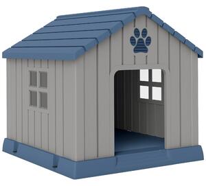 PawHut Căsuță pentru Câini din Plastic pentru Exterior, Impermeabilă, pentru Câini de Talie Medie cu Bază Ridicată, Ferestre și Acoperiș pentru Grădină, Patio, Terasă, Casă și Interior, 85x79x82 cm, Gri | Aosom Romania