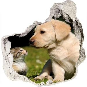 Fototapet un zid spart cu priveliște Câine și pisică pe pajiște